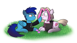 Size: 3632x2052 | Tagged: safe, artist:japkozjad, oc, oc only, oc:apply, oc:lazzy butt, earth pony, pegasus, pony, blue fur, blue mane, blushing, boop, clothes, cute, duo, duo male and female, earth pony oc, female, flower, grass, grass field, heterochromia, high res, hoodie, looking at each other, looking at someone, lying down, male, mare, pegasus oc, shocked, simple background, smiling, smiling at each other, stallion, white background