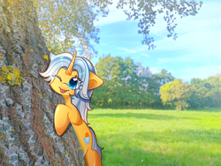 Size: 4000x3000 | Tagged: safe, artist:miwq, derpibooru exclusive, oc, oc only, oc:aurore soleilevant, pony, unicorn, :p, blue eyes, eyelashes, female, female oc, horn, irl, looking at you, mare, one eye closed, orange coat, photo, ponies in real life, pony oc, sky, solo, tongue out, tree, unicorn oc, wink, yellow coat
