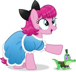 Size: 4247x4043 | Tagged: safe, artist:anime-equestria, gummy, pinkie pie, earth pony, pony, g4, alternate hairstyle, bow, bowtie, clothes, dress, duo, fashion, female, happy, hat, mare, old dress, outfit, simple background, transparent background, tuxedo, vector, victorian, victorian dress