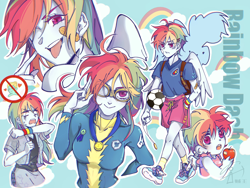 Size: 2160x1620 | Tagged: safe, artist:贼王当道, rainbow dash, zephyr breeze, human, equestria girls, g4, apple, backpack, bandage, clothes, food, football, heart, humanized, jewelry, medallion, necklace, open mouth, short hair, short hair rainbow dash, shorts, sports, tomboy, uniform, winged humanization, wings, wonderbolts uniform, younger