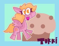 Size: 1630x1281 | Tagged: safe, artist:tokkichan, derpy hooves, pegasus, pony, g4, brown fur, derp, eyelashes, fangs, food, muffin, open mouth, seam, simple background, solo, spiral, upa style, wings, yellow hair