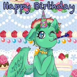 Size: 716x712 | Tagged: safe, artist:diwo, oc, pegasus, pony, happy birthday, hat, hungary, nation ponies, party hat, party horn, ponified, solo