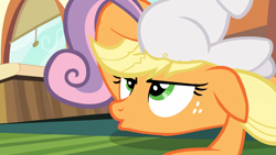 Size: 1920x1080 | Tagged: safe, edit, edited screencap, screencap, applejack, sweetie belle, earth pony, pony, unicorn, g4, games ponies play, appleseat, asshat, butt touch, female, filly, foal, hoof on butt, mare, out of context, sitting on person, sitting on pony, sweetie butt
