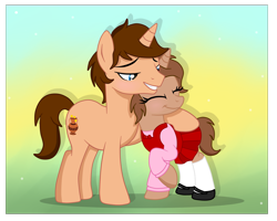 Size: 5500x4406 | Tagged: safe, artist:chip16, oc, oc only, oc:heroic armour, pony, unicorn, g4, base used, clothes, colt, commission, crossdressing, dress, eyes closed, fake eyelashes, father and child, father and son, foal, happy, hug, male, mary janes, raised hoof, shoes, smiling, snuggling, socks, stallion, sweater, teenager, thigh highs, ych result