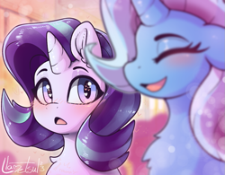 Size: 1087x846 | Tagged: safe, artist:llametsul, starlight glimmer, trixie, pony, unicorn, g4, atg 2023, blurry foreground, blushing, chest fluff, colored, cute, depth of field, diatrixes, duo, duo female, eyebrows, eyes closed, female, glimmerbetes, heart, heart eyes, heartbeat, horn, lesbian, looking at someone, mare, newbie artist training grounds, open mouth, open smile, ship:startrix, shipping, signature, smiling, wingding eyes