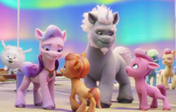 Size: 2732x1734 | Tagged: safe, screencap, alphabittle blossomforth, cloudpuff, plucky pumpkin, queen haven, dog, earth pony, flying pomeranian, pegasus, pomeranian, pony, unicorn, g5, my little pony: a new generation, spoiler:my little pony: a new generation, aurora borealis, colt, cute, female, filly, foal, height difference, looking at someone, male, mare, maretime bay, size difference, smiling, stallion, standing, stare, unnamed character, unnamed pony, winged dog, wings