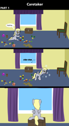 Size: 1920x3516 | Tagged: safe, artist:platinumdrop, derpy hooves, pegasus, pony, comic:caretaker, series:caretaker, g4, 3 panel comic, ball, bedroom, blanket, blocks, blowing bubbles, box, bubble, bubble wand, caretaker, chair, comic, commission, curtains, cute, derpabetes, excited, female, filly, filly derpy, foal, giggling, happy, indoors, looking at something, messy room, mouth hold, offscreen character, onomatopoeia, open mouth, open smile, playing, plushie, room, series, sitting, smiling, solo, sound effects, speech bubble, spread wings, talking, this will not end well, toy, window, wings, younger