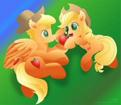 Size: 12141x10607 | Tagged: safe, artist:php178, derpibooru exclusive, applejack, oc, oc:empire jack, pegasus, pony, g4, absurd resolution, apple, applebutt, applejack's hat, blonde hair, blonde mane, blonde tail, both cutie marks, butt, cowboy hat, curious, cute, cute face, dangerously high res, ear fluff, flying, food, freckles, gift art, gradient background, grass, grass field, green eyes, hair tie, happy, hat, heart, holding, hoof heart, hoof hold, hooves together, jackabetes, lineless, male, male and female, nc-tv signature, not applejack, ocbetes, open mouth, partially open wings, pegasus oc, plot, pond, ponytail, raised hoof, rear view, shadow, sharing, sharing food, side view, signature, spread hooves, stallion, tail, underhoof, upside-down hoof heart, water, website, wholesome, wing fluff, wings, yellow mane, yellow tail