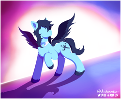 Size: 3416x2790 | Tagged: safe, artist:autumnsfur, oc, oc only, oc:star, pegasus, pony, artwork, blue coat, blue fur, blue hooves, blue mane, blue tail, blue wings, bowtie, colored hooves, colored wings, colorful, digital art, dutch angle, female, full body, hair over one eye, high res, hooves, looking at something, mare, minimalist, no eyes, pegasus oc, raised hoof, simple background, simplistic art style, spread wings, tail, unshorn fetlocks, wings