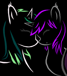 Size: 400x453 | Tagged: safe, artist:electric motor, oc, oc only, oc:annie, oc:sally, alicorn, bat pony, hybrid, pony, unicorn, black background, fangs, female, shipping, siblings, simple background, sisters, wings