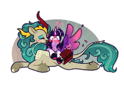 Size: 1188x822 | Tagged: safe, artist:queerhorses, rain shine, twilight sparkle, alicorn, kirin, pony, g4, blushing, book, cloven hooves, eyes closed, female, kissing, lesbian, lying down, prone, ship:twishine, shipping, simple background, spread wings, transparent background, twilight sparkle (alicorn), whiskers, wingboner, wings