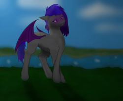 Size: 1112x916 | Tagged: safe, artist:electric motor, oc, oc only, oc:шилка, bat pony, pony, bicolor wings, blank flank, crossed hooves, glowing, glowing eyes, grass, nature, purple eyes, purple wings, river, solo, water, wings