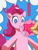 Size: 2300x3000 | Tagged: safe, artist:fly over, discord, pinkie pie, draconequus, earth pony, pony, g4, exclamation point, female, food, gum, hand, high res, male, mare, offscreen character, popping, shocked, upper body