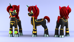 Size: 1920x1080 | Tagged: safe, artist:argos90, oc, oc only, pony, 3d, 3d model, black outfit, crystal horn, golden, horn, male, mask, solo, stallion, turnaround