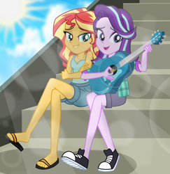 Size: 7800x8040 | Tagged: safe, artist:emeraldblast63, starlight glimmer, sunset shimmer, human, equestria girls, g4, bare shoulders, converse, duo, duo female, feet, female, guitar, heel pop, legs, lens flare, musical instrument, sandals, shoe dangling, shoes, sleeveless, stairs, sun, toes