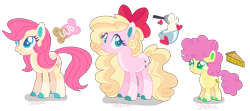 Size: 889x396 | Tagged: safe, artist:shebasoda, li'l cheese, oc, oc:buttercream pie, oc:honey bunny pie, earth pony, pegasus, pony, g4, the last problem, body markings, bow, brother and sister, closed mouth, coat markings, colored eartips, colored eyelashes, colored hooves, colored pupils, earth pony oc, female, folded wings, green eyes, grin, hair bow, looking at you, magical lesbian spawn, male, next generation, offspring, pale belly, parent:fluttershy, parent:pinkie pie, parents:flutterpie, pegasus oc, siblings, simple background, sisters, smiling, socks (coat markings), standing, teal eyes, transparent background, trio, wings