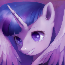 Size: 3072x3072 | Tagged: artist needed, safe, ai assisted, ai content, generator:purplesmart.ai, generator:stable diffusion, prompter:shad0w-galaxy, twilight sparkle, alicorn, pony, g4, bust, female, high res, horn, mare, portrait, smiling, solo, starry eyes, twilight sparkle (alicorn), wingding eyes, wings