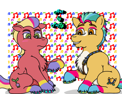 Size: 2555x1984 | Tagged: safe, artist:puffydearlysmith, hitch trailblazer, sprout cloverleaf, earth pony, pony, g5, blushing, chest fluff, chubby, duo, duo male, eyeshadow, floppy ears, makeup, male, sash, sheriff's badge, sitting, smiling, stallion, unshorn fetlocks