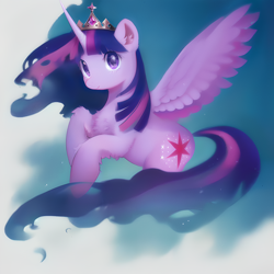 Size: 3072x3072 | Tagged: safe, ai assisted, ai content, generator:purplesmart.ai, generator:stable diffusion, prompter:shad0w-galaxy, twilight sparkle, alicorn, pony, g4, crown, ethereal mane, ethereal tail, female, fluffy, high res, horn, jewelry, mare, regalia, smiling, solo, spread wings, starry eyes, tail, twilight sparkle (alicorn), wingding eyes, wings