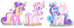 Size: 1280x491 | Tagged: safe, artist:shebasoda, princess flurry heart, princess skyla, oc, oc:princess crystal heart, alicorn, pony, g4, alicorn oc, closed mouth, coat markings, colored pupils, colored wings, concave belly, crown, cyan eyes, eyeshadow, female, folded wings, gradient mane, gradient tail, gradient wings, grin, hair bun, hoof shoes, horn, jewelry, looking at you, makeup, next generation, offspring, older, older flurry heart, older skyla, parent:princess cadance, parent:shining armor, parents:shiningcadance, peytral, princess, purple eyes, regalia, royalty, siblings, simple background, sisters, skyla's cutie mark, slender, smiling, socks (coat markings), spread wings, standing, tail, teal eyes, thin, tiara, transparent background, trio, wings