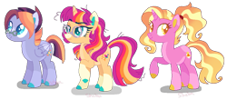 Size: 979x429 | Tagged: safe, artist:shebasoda, luster dawn, oc, oc:daydream spell, oc:dusk light, pegasus, pony, unicorn, g4, base used, coat markings, colored eartips, colored hooves, colored muzzle, colored pupils, colored wings, colored wingtips, cyan eyes, facial markings, female, folded wings, frown, glasses, golden eyes, gradient mane, gradient tail, headcanon, headcanon in the description, horn, looking back, looking up, male, mare, messy mane, next generation, offspring, pale belly, parent:sunburst, parent:twilight sparkle, parents:twiburst, pegasus oc, ponytail, raised hoof, siblings, simple background, smiling, snip (coat marking), socks (coat markings), stallion, standing, star (coat marking), tail, teal eyes, transparent background, trio, unicorn oc, unimpressed, wings, yellow eyes