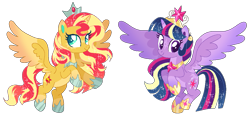 Size: 1083x502 | Tagged: safe, artist:shebasoda, sunset shimmer, twilight sparkle, alicorn, pony, g4, alicornified, big crown thingy, body markings, closed mouth, coat markings, colored wings, colored wingtips, crown, cyan eyes, duo, element of magic, facial markings, female, flying, gradient horn, gradient mane, gradient tail, gradient wings, headcanon, headcanon in the description, hoof shoes, horn, jewelry, looking up, mare, multicolored wings, pale belly, peytral, purple eyes, race swap, regalia, shimmercorn, simple background, smiling, socks (coat markings), sparkly mane, sparkly tail, star (coat marking), tail, tiara, transparent background, twilight sparkle (alicorn), wings