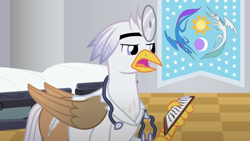 Size: 1280x720 | Tagged: safe, artist:mlp-silver-quill, oc, oc:silver quill, hippogriff, after the fact, after the fact:pinkie pride, doctor's coat, flag of equestria, fob equestria, sickbay, solo, stethoscope