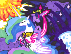 Size: 3299x2524 | Tagged: safe, artist:foldawaywings, princess celestia, twilight sparkle, alicorn, pony, g4, 2013, abstract background, big crown thingy, duo, element of magic, ethereal mane, eyes closed, female, high res, horn, jewelry, long horn, magic, magic aura, mare, marker drawing, moon, old art, peytral, realistic horse legs, regalia, scroll, sun, telekinesis, traditional art, twilight sparkle (alicorn), unshorn fetlocks