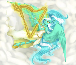 Size: 3508x2976 | Tagged: safe, artist:misukitty, lyra heartstrings, alicorn, anthro, unguligrade anthro, g4, alicornified, bracelet, clothes, cloud, colored pupils, dress, female, glowing, glowing horn, harp, horn, jewelry, lyracorn, magic, mare, musical instrument, race swap, solo, spread wings, telekinesis, wings