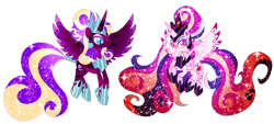 Size: 1280x580 | Tagged: safe, artist:shebasoda, princess skyla, oc, oc:princess crystal heart, alicorn, pony, g4, blue sclera, body markings, coat markings, colored eartips, colored eyelashes, colored pupils, colored sclera, colored wings, crown, cyan eyes, duo, ethereal mane, ethereal tail, evil, eyeshadow, facial markings, female, flying, frown, gradient eyes, gradient mane, gradient tail, gradient wings, hair bun, helmet, hoof shoes, jewelry, lidded eyes, long mane, long tail, looking at you, looking down, makeup, mare, next generation, nightmarified, offspring, older princess skyla, pale belly, parent:princess cadance, parent:shining armor, parents:shiningcadance, peytral, pink eyes, princess shoes, regalia, siblings, simple background, sisters, skyla's cutie mark, slender, slit pupils, smiling, socks (coat markings), sparkly mane, sparkly tail, starry mane, starry tail, tail, thin, transparent background, wings, yellow sclera
