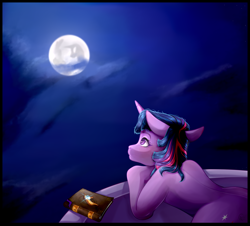 Size: 1848x1668 | Tagged: safe, artist:symphstudio, twilight sparkle, pony, g4, book, mare in the moon, moon, solo