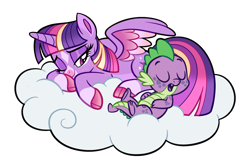 Size: 3113x2088 | Tagged: safe, artist:uunicornicc, spike, twilight sparkle, alicorn, dragon, pony, g4, alternate design, cloud, cloven hooves, colored wings, duo, female, freckles, high res, lying down, male, mama twilight, mare, one eye closed, prone, simple background, sleeping, transparent background, twilight sparkle (alicorn), wings
