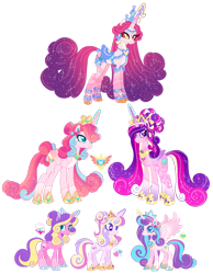 Size: 1280x1648 | Tagged: safe, artist:shebasoda, princess amore, princess cadance, princess flurry heart, princess skyla, oc, oc:princess aurora honeymoon, oc:princess crystal heart, alicorn, pony, unicorn, g4, alicorn oc, body markings, braid, circlet, closed mouth, coat markings, colored eyelashes, colored hooves, colored wings, concave belly, crown, cute, cyan eyes, ear piercing, earring, eyeshadow, facial markings, female, flurrybetes, folded wings, golden eyes, gradient horn, gradient mane, gradient tail, gradient wings, grandmother and grandchild, grandmother and granddaughter, grin, group, hair bun, headcanon, headcanon in the description, hoof shoes, horn, horn jewelry, jewelry, lidded eyes, long mane, long tail, looking at you, looking up, makeup, mare, mother and child, mother and daughter, next generation, offspring, older, older flurry heart, older skyla, orange eyes, pale belly, peytral, piercing, purple eyes, regalia, saddle, sextet, siblings, simple background, sisters, skyla's cutie mark, skylabetes, slender, smiling, socks (coat markings), sparkly mane, sparkly tail, spread wings, standing, star (coat marking), tack, tail, tail bun, tall, thin, tiara, transparent background, wings