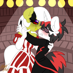 Size: 2000x2000 | Tagged: safe, artist:ladylullabystar, oc, oc only, oc:carnival cat, oc:zaknel, anthro, blushing, breasts, clothes, dancing, dress, dubious consent, female, gloves, high res, male, mare, scared, signature, size difference, smaller male, smiling, stallion, straight, suit