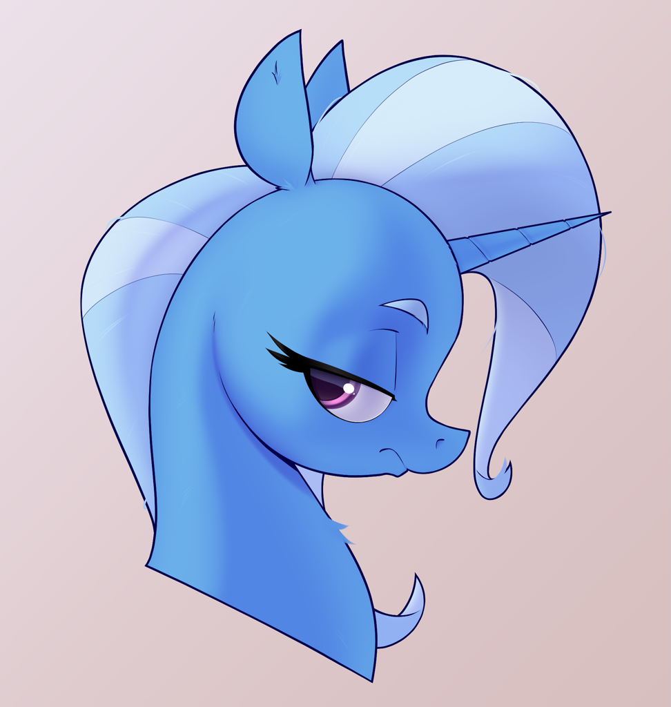 [aside glance,bust,female,frown,looking at you,mare,pony,portrait,safe,simple background,solo,trixie,unicorn,lidded eyes,gray background,artist:aquaticvibes]