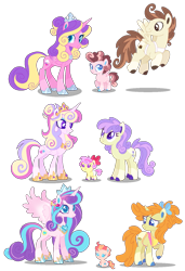Size: 993x1448 | Tagged: safe, artist:shebasoda, cream puff, pound cake, princess flurry heart, princess skyla, pumpkin cake, oc, oc:ambrosia delight, oc:cupid cream cake, oc:peach puree, oc:princess crystal heart, alicorn, earth pony, pegasus, pony, unicorn, alicorn oc, apron, baby, baby pony, blue eyes, bow, brown eyes, closed mouth, clothes, coat markings, colored hooves, colored pupils, colored wings, colt, concave belly, creambetes, crown, cute, cyan eyes, diaper, eyeshadow, female, filly, flurrybetes, flying, foal, folded wings, gradient mane, gradient tail, gradient wings, grin, hair bow, hair bun, headcanon, height difference, hoof shoes, horn, jewelry, lesbian, looking at each other, looking at someone, looking at you, looking back, magical lesbian spawn, makeup, male, next generation, offspring, older, older cream puff, older flurry heart, older pound cake, older pumpkin cake, older skyla, parent:cream puff, parent:oc:princess crystal heart, parent:pound cake, parent:princess cadance, parent:princess flurry heart, parent:princess skyla, parent:pumpkin cake, parent:shining armor, parents:canon x oc, parents:poundskyla, parents:pumpkinheart, parents:shiningcadance, pc:ambrosia delight, peytral, physique difference, ponytail, poundabetes, poundskyla, princess, pumpkinbetes, pumpkinheart, purple eyes, regalia, royalty, siblings, simple background, sisters, sitting, skylabetes, slim, smiling, socks (coat markings), spread wings, standing, straight, tail, teal eyes, thin, tiara, transparent background, turned head, wings