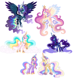 Size: 1280x1362 | Tagged: safe, artist:shebasoda, princess celestia, princess gold lily, princess luna, princess sterling, oc, oc only, oc:king titan, oc:queen aurelia, alicorn, pony, alicorn oc, armor, blue eyes, body markings, body scar, closed mouth, coat markings, colored eyelashes, colored pupils, colored wings, concave belly, countershading, crown, ear piercing, earring, ethereal hair, ethereal mane, ethereal tail, eye scar, eyeshadow, facial markings, facial scar, father and child, father and daughter, female, flower, flower in hair, flying, frown, golden eyes, gradient horn, gradient legs, gradient mane, gradient tail, gradient wings, group, hoof shoes, horn, horn jewelry, horn ring, jewelry, leg scar, lidded eyes, long horn, long legs, long mane, long tail, looking back, looking down, makeup, male, male alicorn, male alicorn oc, mare, mother and child, mother and daughter, mother and son, multicolored wings, neck scar, nose scar, pale belly, peytral, piercing, princess shoes, purple eyes, regalia, ring, scar, sextet, shooting star, simple background, slim, smiling, socks (coat markings), solo, sparkly mane, sparkly tail, spread wings, stallion, star (coat marking), starry mane, starry tail, tail, tall, teal eyes, thin, transparent background, wing armor, wings, yellow eyes