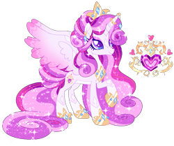 Size: 905x758 | Tagged: safe, artist:shebasoda, oc, oc only, oc:princess glorious, alicorn, pony, alicorn oc, body markings, coat markings, colored pupils, colored wings, concave belly, countershading, crown, ear piercing, earring, eyeshadow, facial markings, female, fusion, fusion:princess cadance, fusion:rarity, girly, gradient mane, gradient tail, gradient wings, hoof shoes, horn, horn jewelry, horn ring, jewelry, kin fusion, kinsona, lidded eyes, looking up, makeup, mare, pale belly, peytral, piercing, pink, raised hoof, regalia, ring, simple background, slender, smiling, socks (coat markings), solo, sparkly mane, sparkly tail, spread wings, standing, star (coat marking), tail, thin, tiara, transparent background, wings