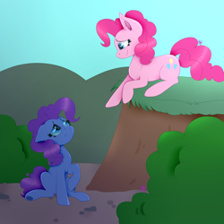 Size: 2000x2000 | Tagged: safe, artist:kathepart, pinkie pie, earth pony, pony, a friend in deed, g4, blue eyes, duality, high res, pink hair, reference, scene interpretation, self paradox, self ponidox, smile song