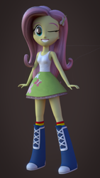 Size: 1080x1920 | Tagged: safe, artist:palmman529, fluttershy, rainbow dash, human, equestria girls, g4, 3d, accessory swap, blender, boots, boots swap, clothes, female, fluttershy's skirt, grin, looking at you, one eye closed, rainbow socks, shoes, skirt, sleeveless, smiling, smiling at you, socks, socks swap, solo, striped socks, tank top, teenager, wink, winking at you