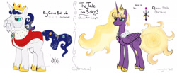 Size: 2666x1094 | Tagged: safe, artist:underwoodart, oc, oc only, oc:cosmos sol, oc:stella starshine, alicorn, pony, the tale of two sisters, alicorn oc, beard, blue eyes, concept art, crown, digital art, duo, ethereal mane, facial hair, hoof shoes, horn, jewelry, king, mantle, purple coat, queen, regalia, royalty, simple background, text, white background, white coat, wings