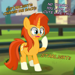 Size: 2000x2000 | Tagged: safe, artist:banquo0, sunburst, pony, unicorn, g4, blushing, coat markings, female, glasses, high res, implied half r63 shipping, implied lesbian, implied shipping, implied starburst, implied starlight glimmer, implied straight, implied transformation, implied transgender transformation, open mouth, rule 63, socks (coat markings), solo, sunstone, text