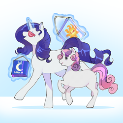 Size: 2000x2000 | Tagged: safe, artist:daffidaizy, rarity, sweetie belle, pony, unicorn, g4, bag, beauty mark, duo, female, glasses, gradient background, high res, magic, shopping bag, siblings, sisters, telekinesis