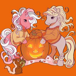 Size: 2048x2048 | Tagged: safe, artist:daffidaizy, autumn skye, cotton candy (g3), earth pony, pony, squirrel, g3, acorn, clothes, duo, halloween, high res, holiday, hoof heart, jack-o-lantern, orange background, pumpkin, simple background, sweater, the perfect pumpkin, underhoof