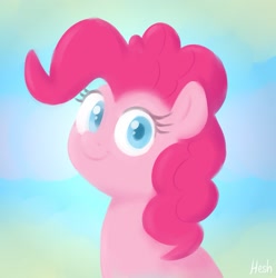 Size: 1857x1875 | Tagged: safe, artist:heretichesh, pinkie pie, earth pony, pony, g4, bust, colored pupils, cute, diapinkes, female, gradient background, looking at you, mare, ponk, signature, smiling, smiling at you, solo