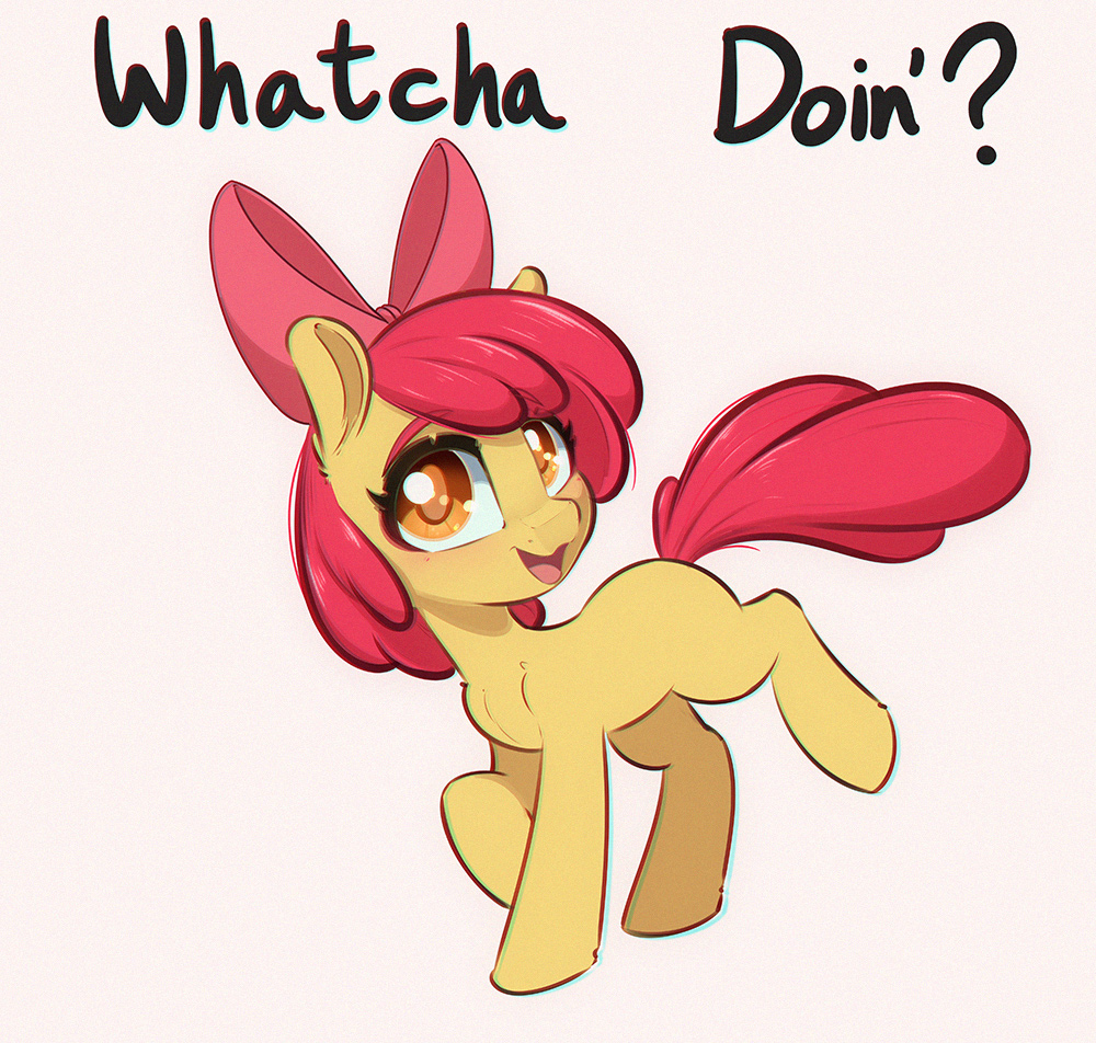 [apple bloom,blank flank,cute,earth pony,female,filly,foal,looking at you,open mouth,pony,safe,simple background,solo,talking to viewer,pink background,smiling,adorabloom,smiling at you,open smile,artist:inkypuso]