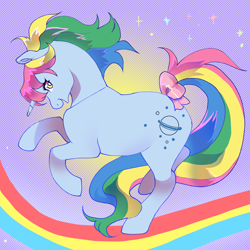 Size: 2000x2000 | Tagged: safe, artist:daffidaizy, moonstone, pony, unicorn, g1, bow, cute, female, high res, mare, rainbow, solo, tail, tail bow