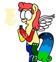 Size: 3023x3351 | Tagged: safe, artist:professorventurer, oc, oc:power star, pegasus, pony, bipedal, clothes, dialogue, female, high res, holding, mare, open mouth, open smile, pegasus oc, rule 85, simple background, smiling, socks, solo, spread wings, super mario 64, super mario bros., thigh socks, this will end in death, this will end in pain, this will end in pain and/or tears and/or death, this will end in tears, this will end in tears and/or death, this will not end well, white background, wings, xk-class end-of-the-world scenario