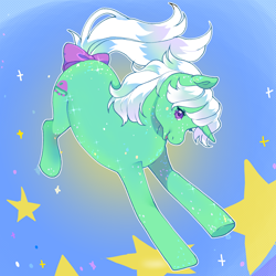 Size: 2000x2000 | Tagged: safe, artist:daffidaizy, star hopper, pony, unicorn, g1, bow, cute, female, high res, hopperbetes, mare, solo, starry background, stars, tail, tail bow