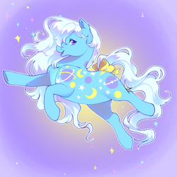 Size: 2000x2000 | Tagged: safe, artist:daffidaizy, night glider (g1), earth pony, pony, g1, bow, cute, female, gliderbetes, high res, mare, open mouth, open smile, smiling, solo, sparkles, tail, tail bow